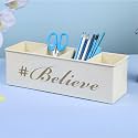 dudki Stylish Quoted desk organizer for office table with 4 compartments | Metal Desk Organizer Stationary Storage Stand Pen, Pencil Holder for Office, Home, and Study Table (BELIEVE) Ivory