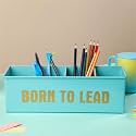 dudki Stylish Quoted desk organizer for office table with 4 compartments | Metal Desk Organizer Stationary Storage Stand Pen, Pencil Holder for Office, Home, and Study Table (BORN TO LEAD) Aqua
