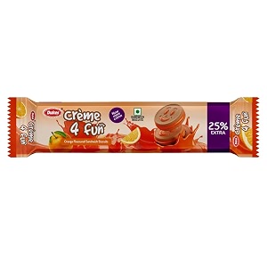 dukes creme 4 fun orange flavoured sandwich biscuits - refined wheat flourrefined palm oilsugar solutionstarchsaltraising agentshumectantacidity regulatoremulsifierorange150 gm