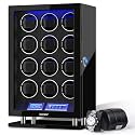 DUKWIN Watch Winder for 3/4/6/8/9/12 Automatic Watches, Fingerprint Lock Watch Winders with LCD Touchscreen, Blue LED Light, Remote Control,Adjustable Watch Pillow for Universal Watches, 5TPD