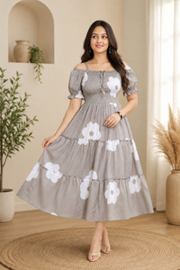 DULHAN SAREES Women Tiered Grey Midi Calf
