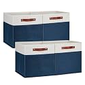 DULLEMELO 13 inch Cube Storage Bins, Gift Baskets Empty for Boy Girl Mother Father Christmas Festival,Fabric Storage Bins Cube Organizer Baskets With Leather Handles(White&amp;Blue-4 Pack)