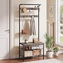 DUMOS 5-in-1 Hall Tree with Coat Rack and Shoe Bench, Industrial Entryway Storage Organizer with Top Hanging Rod, 10 Movable Hooks & Side Hooks, Mudroom Bench with 2-Tier Shoe Rack, Grey
