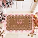 Dunzy 2 Pcs Christmas Bow Doormat Pink White Striped Coir Rug Front Door
