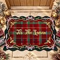 Dunzy 2 Pcs Tis the Season Christmas Doormats, Tartan Plaid Holly Bow