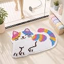 Dunzy Rainbow Cat Bath Mat Cartoon Bathroom Decor No Slip Shower Rug