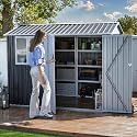 DWVO 8' x 6' Outdoor Storage Shed, Waterproof Metal Garden Shed with Windows, Lockable Doors, and Sloped Roof for Patio, Backyard, Lawn, Tool Storage, Bike Shed, Pet Shelter (Gray + White)