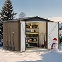 DWVO 8x6FT Outdoor Storage Shelter, Roomy Steel Tool Shed with Secure Entrances &amp; Air Circulation for Patio, Lawn, and Backyard, Ideal for Storing Garden Gear, Lawn Tools, and Bikes, Brown