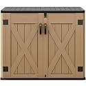 DWVO Outdoor Storage Shed, Weatherproof Resin, 35 Cu Ft Capacity, Horizontal Design, X-Shaped Lockable Door, Suitable for Bike, Garden Tools, Trash Cans, Brown