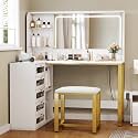 DWVO Vanity Desk with LED Lighted Mirror and 3 Lighting Modes, L-Shaped Corner Vanity Table, 48" Large Dressing Table with 5 Tempered Glass Drawers with Open Storage Shelves, White