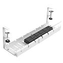 Dyazo Adjustable Under Desk Cable Management Tray | No Drill Clamp-On Rack | Expandable 28.5–55cm Holder for Extension Board, Power Strip & Charging Cable | Heavy-Duty Metal Wire Organizer Shelf-White