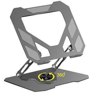 dyazo foldable laptop stand with 360 rotating base  multi-angle amp height adjustable design  carbon steel build with non-slip pads  compatible with macbook dell hp amp laptops upto 156 inch grey