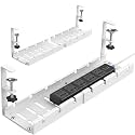 Dyazo Adjustable Under Desk Cable Management Tray | No Drill Clamp-On Rack | Expandable 28.5–55cm Holder for Extension Board, Power Strip & Charging Cable | Heavy-Duty Metal Wire Organizer Shelf-White