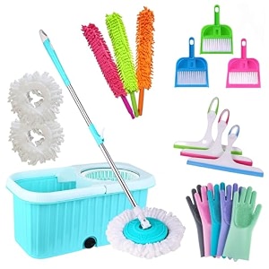 dynamic kitchen art spin mop easy wheels amp big bucket with 2 microfiber refills mopping set white and aqua blue with free 1 mini dustpan 1 pair silicon gloves 1 duststick 1 glasswiper