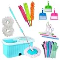 Dynamic Kitchen Art Spin Mop, Easy Wheels & Big Bucket with 2 Microfiber Refills, Mopping Set (White and Aqua Blue) with Free 1 Mini Dustpan+ 1 Pair Silicon Gloves+ 1 Duststick+ 1 Glasswiper
