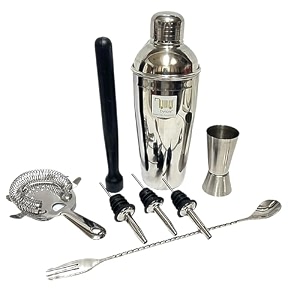 dynore stainless steel 8 pcs multiutility bar set- fork bar spoon delux cocktail shaker 750 ml black pvc muddler cocktail strainer tall peg measure 3060 ml 3 wine pourer set of 8