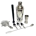 Dynore Stainless Steel 8 Pcs Multiutility Bar Set- Fork Bar Spoon, Delux Cocktail Shaker 750 ml, Black PVC Muddler, Cocktail Strainer, Tall Peg Measure 30/60 ml, 3 Wine Pourer Set of 8