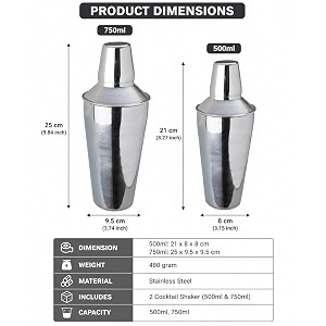 dynore stainless steel set of 2 regular multisize cocktail shakers- 500750 ml