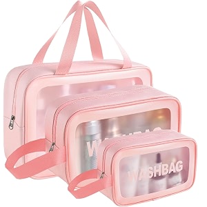 e-cosmos clear makeup pouch set cosmetic organizer bag for women and girls travel waterproof toiletry storage kit set of 3 light pink