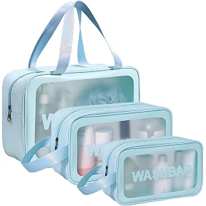 e-cosmos clear makeup pouch set cosmetic organizer bag for women and girls travel waterproof toiletry storage kit set of 3 blue