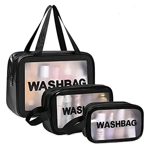 e-cosmos clear makeup pouch set cosmetic organizer bag for women and girls travel waterproof toiletry storage kit set of 3 black