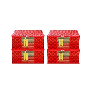 e-cosmos flower design piece non woven fabric saree cover set with transparent window extra large red pack of 4