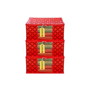 e-cosmos flower design piece non woven fabric saree cover set with transparent window extra large red pack of 3
