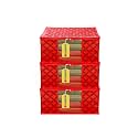 E-COSMOS Flower Design Piece Non Woven Fabric Saree Cover Set with Transparent Window, Extra Large (Red) (Pack Of 3)