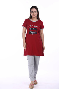 E-MAX Women Printed Maroon Grey Night Suit