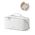 EACHY Makeup Bag, Knitted Floral Cosmetic Bag for Women, 180° Wide-Open Flat Makeup Pouch, Large Capacity Travel Toiletry Bag with Divider and Handle