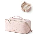 EACHY Makeup Bag, Soft Suede Floral Cosmetic Bag for Women, Portable 180° Wide-Open Flat Makeup Pouch, Large Capacity Travel Toiletry Bag with Divider and Handle