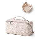 EACHY Makeup Bag, Waterproof PU Leather Travel Toiletry Bag for Women, 180° Wide-Open Flat Cosmetic Bag, Large Capacity Makeup Pouch with Divider and Handle