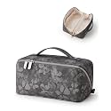 EACHY Makeup Bag, Waterproof PU Leather Travel Toiletry Bag for Women, 180° Wide-Open Flat Cosmetic Bag, Large Capacity Makeup Pouch with Divider and Handle
