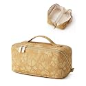 EACHY Makeup Bag, Waterproof PU Leather Travel Toiletry Bag for Women, 180° Wide-Open Flat Cosmetic Bag, Large Capacity Makeup Pouch with Divider and Handle