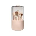 EACHY Makeup Brush Holder with Lid, 360° Rotating Vanity Organizer for Brushes, Dustproof Cosmetic Display Case, 7 Compartments, Waterproof Plastic (Pink)