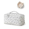 EACHY Quilted Makeup Bag, Cotton Floral Cosmetic Bag for Women, 180° Wide-Open Flat Travel Toiletry Bag, Large Capacity Makeup Pouch with Divider and Handle
