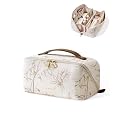 EACHY Travel Makeup Bag, Floral Cosmetic Bag for Women, Beige, Large