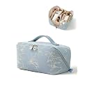 EACHY Travel Makeup Bag, Floral Cosmetic Bag for Women, Blue, Large