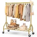 EAGMAK Heavy Duty Clothes Rack Load 420 LBS, Rolling Garment Rack with Lockable Wheels, Standing Metal Clothing Rack, Portable Wardrobe Sturdy Coat Rack for Hanging Clothes (Gold, 47.2″×18.9″×63″)