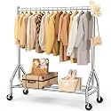 EAGMAK Heavy Duty Clothes Rack Load 420 LBS, 47.2" Long Rolling Garment Rack with Lockable Wheels, Standing Metal Clothing Hanger, Portable Wardrobe Sturdy Coat Organizer for Hanging Clothes (Silver)