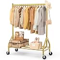 EAGMAK Heavy Duty Clothes Rack Load 420 LBS, Rolling Garment Organizer with Lockable Wheels, Standing Metal Clothing with Shelves, Portable Wardrobe Rack Sturdy Coat Rack for Hanging (Gold)