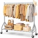 EAGMAK Heavy Duty Clothes Rack Load 420 LBS, Rolling Garment Rack with Lockable Wheels, Standing Metal Clothing Rack, Portable Wardrobe Sturdy Coat Rack for Hanging Clothes (Silver, 59″×18.9″×63″)