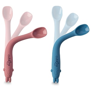 cubkins early feeding bendable silicone spoon set of 2 for newborn babies toddlers amp kids  non-toxic food safe and bpa free  washable and reusable raspberry blue olive