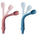 Cubkins Early Feeding Bendable Silicone Spoon Set of 2 for Newborn Babies, Toddlers &amp; Kids | Non-Toxic, Food Safe and BPA Free | Washable and Reusable (Raspberry, Blue Olive)