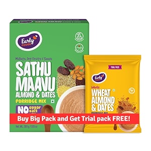 early foods - sathu maavu with almonds amp dates  no added sugar no salt no milk porridge mix  100 natural multigrain millets amp ragi cereal  200g  free trial pack wheat almond date 50 gms