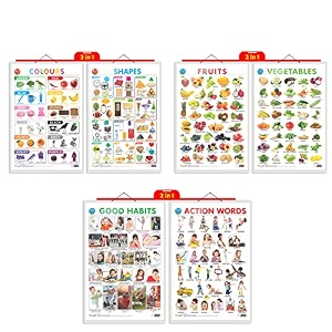 early learning educational charts for kids2 in 1 colours and shapes2 in 1 fruits and vegetables 2 in 1 good habits and action words