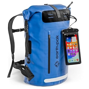 earth pak waterproof backpack 35l  55l heavy duty roll-top closure with easy access front-zippered pocket and cushioned padded back panel for comfort ipx8 waterproof phone case included