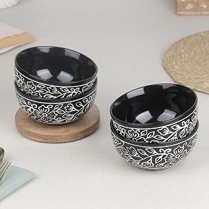 the earth store black artvine handprinted ceramic snack bowl set of 4 500 ml  dishwasher amp microwave safe serving bowl snacks dal curry pasta vegetables and more  perfect for gifting daily use