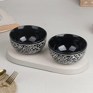 the earth store black artvine handprinted ceramic snack bowl set of 2 500 ml  dishwasher amp microwave safe serving bowl snacks dal curry pasta vegetables and more  perfect for gifting daily use