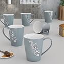 The Earth Store Blossom Grey Coffee Mug Set of 6 Ceramic Mugs to Gift to Best Friend, Tea Mugs, Microwave Safe Coffee Mugs, Ceramic Tea Cups (330 ml Each)